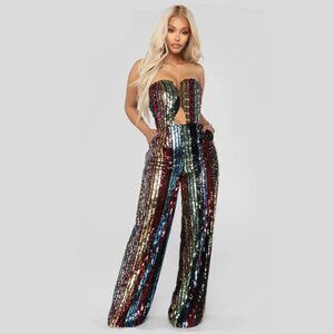 NWT Fashionnova Sequin Star multi-color Jumpsuit Sz XS